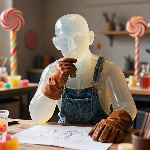 Gelatinous Sculptor Sketching in Candy Workshop
