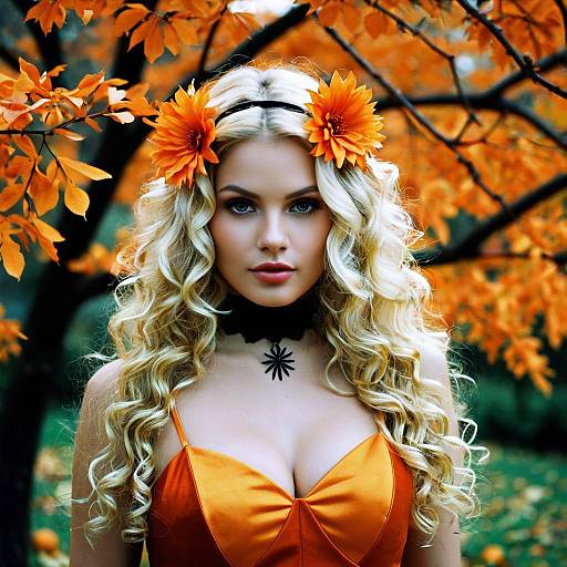 Blonde Woman in Halloween Costume with Orange Flowers