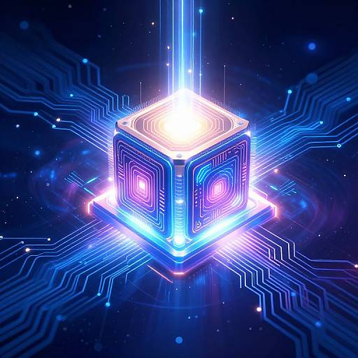 Digital artwork of a glowing, neon-blue, hexagonal cube with circuit patterns, emitting light and energy lines against a dark, starry background.