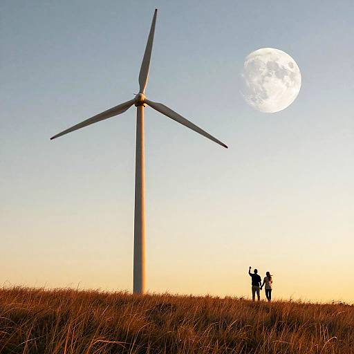 Photograph of a tall wind turbine and two silhouetted people standing on a grassy hill under a bright, full moon in a clear,