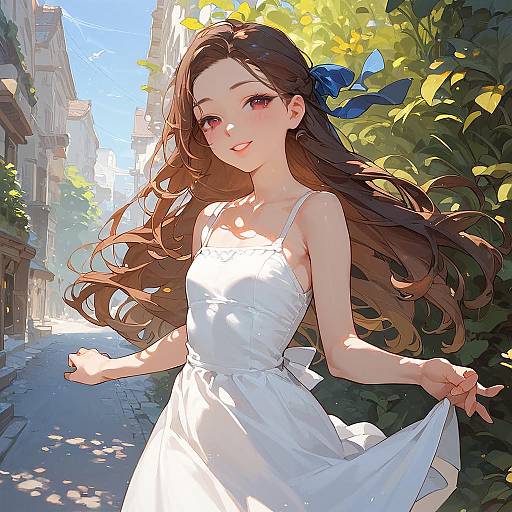 Joyful anime girl in white sundress outdoors