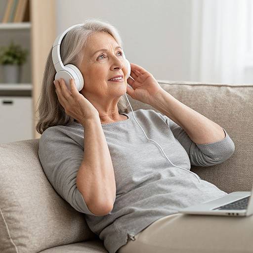 Photograph of an elderly woman with gray hair, wearing a light gray shirt, listening to music on white headphones, sitting on a beige couch, with
