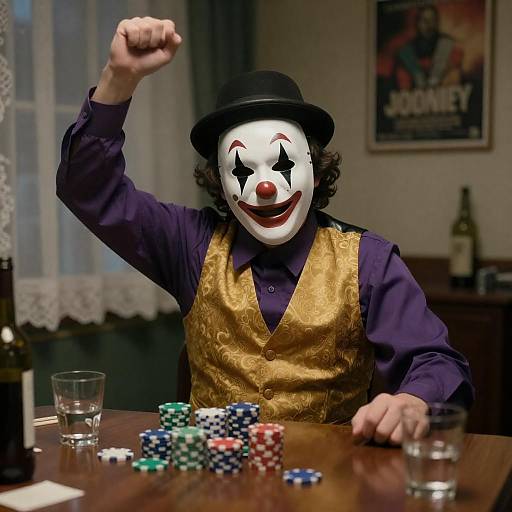 Mysterious Clown in Dimly Lit Room