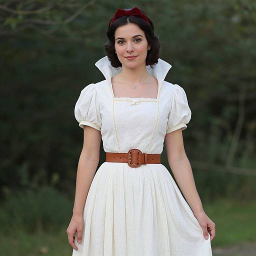 Photograph of a young woman with pale skin, dark brown wavy hair, wearing a white, short-sleeved, square-neck dress with a