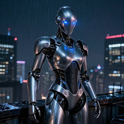 Photorealistic CGI of a shiny, blue-eyed, silver female robot with intricate details, standing in a rainy, neon-lit cityscape.