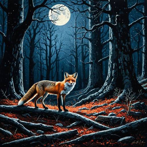 Red Fox in Moonlit Oak Forest