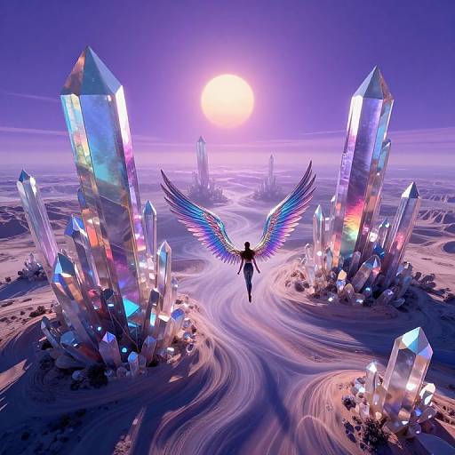 Digital art of a silhouetted angel with glowing blue wings soaring between towering, colorful crystals under a bright, purple-hued sun in a surreal