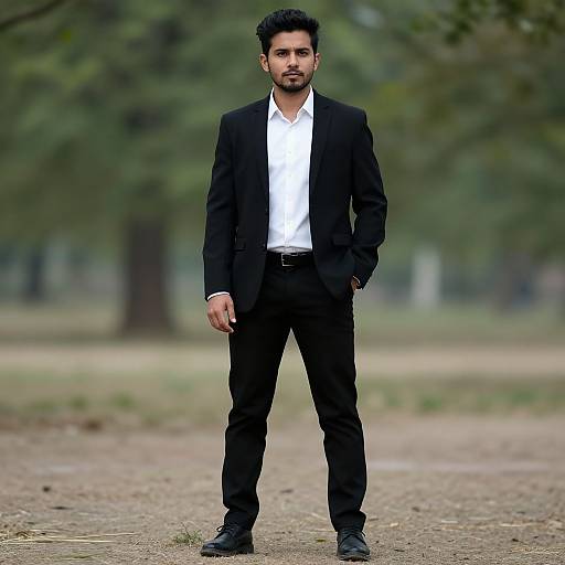 Photograph of a bearded man in a black suit and white shirt standing confidently on a dirt path in a blurred, green forest background. Hands in