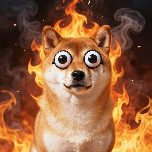 Photograph of a Shiba Inu dog with wide, cartoonish eyes, surrounded by intense, vibrant orange and yellow flames against a dark background.