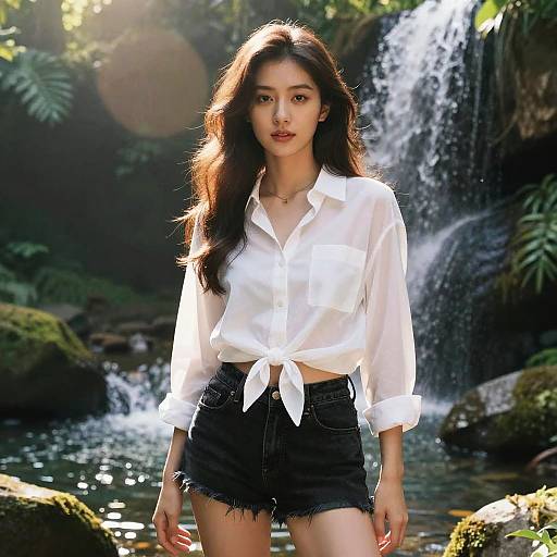 Photograph of an Asian woman with long black hair, wearing a white tied blouse and black high-waisted denim shorts, standing in front of a
