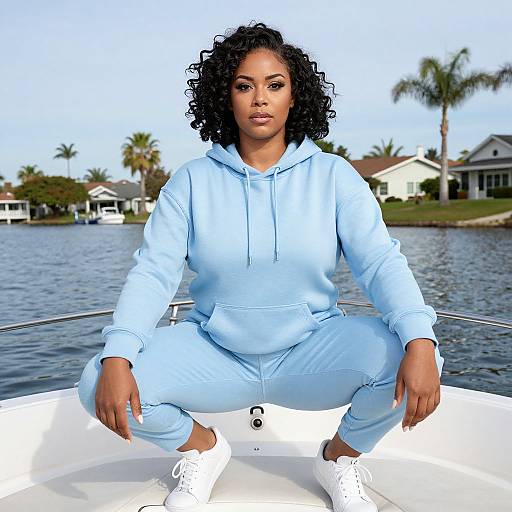 Photograph of a curly-haired Black woman in light blue hoodie and pants, squatting on a boat, wearing white sneakers, with a suburban waterway