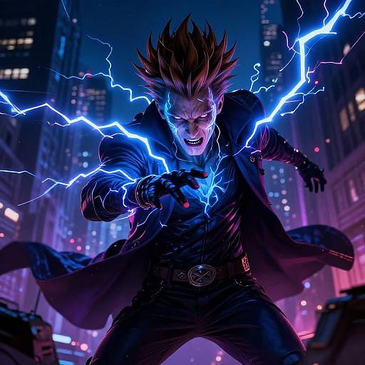 Digital artwork of a spiky-haired, blue-eyed male character with electric blue lightning coursing through his body, in a dark, neon-lit city