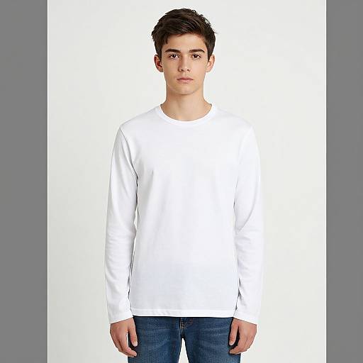 Photograph of a young man with short dark hair, wearing a plain white long-sleeve shirt and blue jeans, standing against a white background.