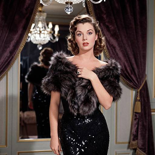 Vintage-style photograph of a fair-skinned woman with curled brown hair, wearing a black sequin dress with black fur off-the-shoulder sleeves,