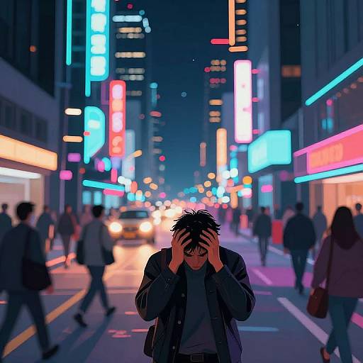 Stressed Man in Cyberpunk Cityscape