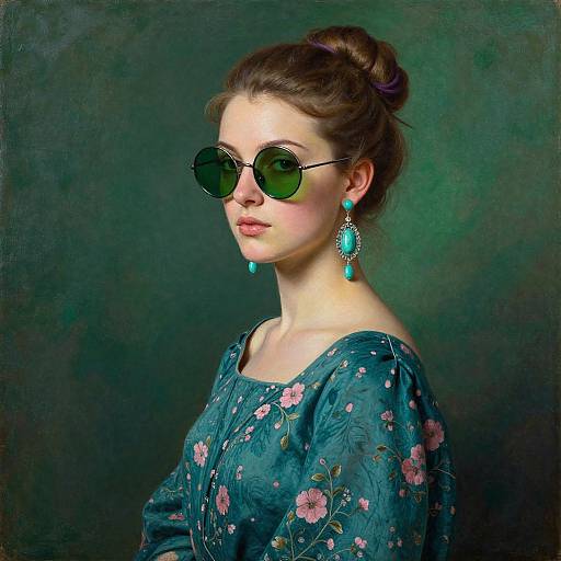 Photograph of a fair-skinned woman with brown hair in an updo, wearing green sunglasses, teal floral blouse, and matching turquoise teardrop