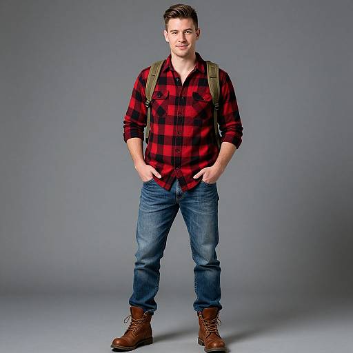 Photograph of a smiling young man with short brown hair, wearing a red plaid shirt, blue jeans, brown boots, and a green backpack,