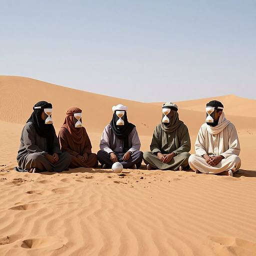 Photograph of five men in traditional Middle Eastern attire with face masks, sitting cross-legged in a bright orange desert with rolling sand dunes under a clear
