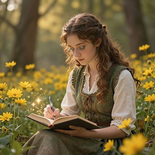 Young woman with curly brown hair, wearing a green dress over a white blouse, writing in a book amidst a sunlit field of yellow dandelions