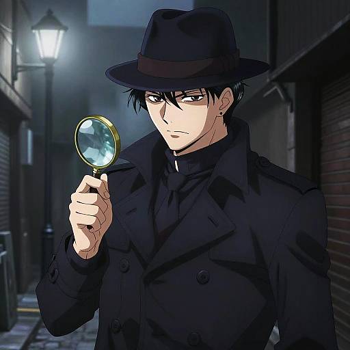 Anime-style illustration of a handsome, black-haired man in a dark coat and hat, holding a magnifying glass, in a dimly lit, alley