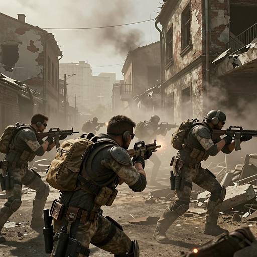 Diverse Squadron in War-Torn Cityscape