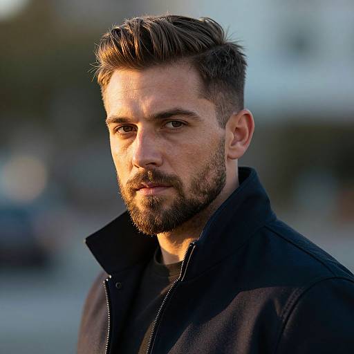 Photograph of a bearded man with dark brown hair, styled up, wearing a black jacket, looking intently into the camera, sunlight illuminating