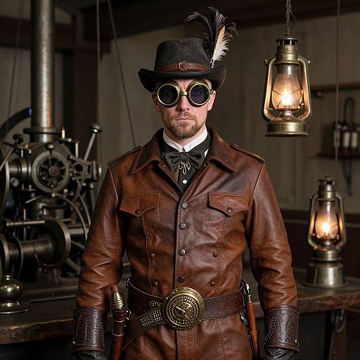 Photograph of a man in a Victorian steampunk outfit, brown leather coat, black hat with feather, round goggles, standing in a dimly