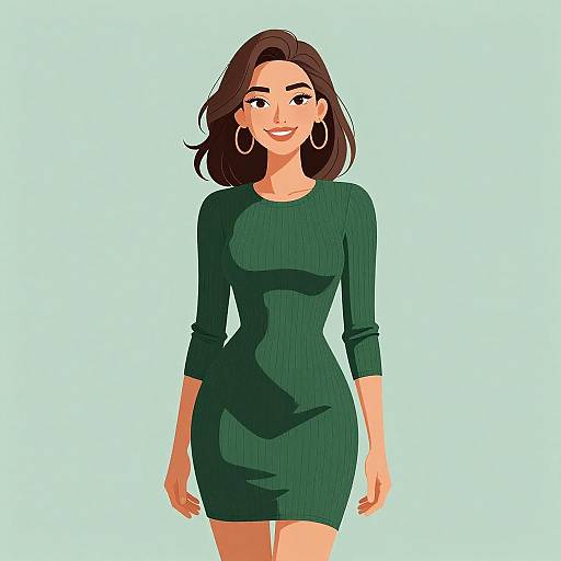 Digital illustration of a smiling woman with medium-length brown hair, wearing a tight, dark green dress, and large hoop earrings, standing against a light turquoise