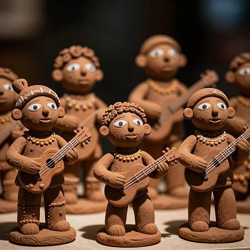 Photograph of brown, clay figurines of smiling Native American-style musicians, playing guitars and banjos, adorned with bead necklaces, standing in a