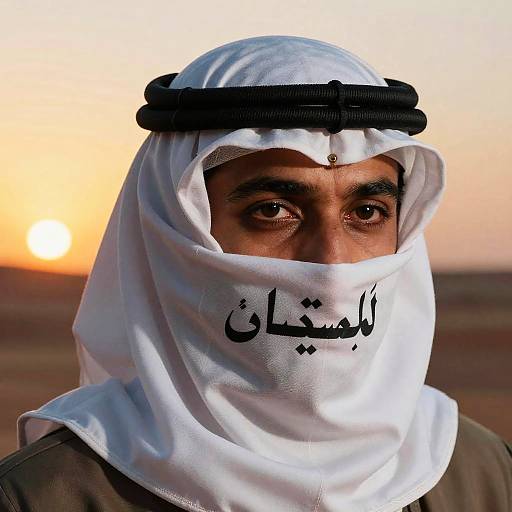 Photograph of a Middle Eastern man with dark eyes, wearing a white headscarf with black Arabic text, black headpiece, and brown shirt,