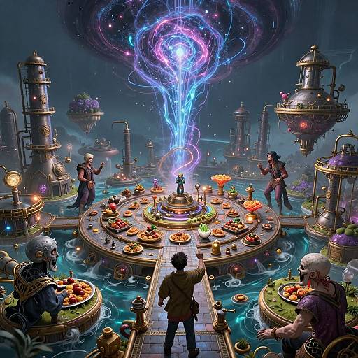 Digital fantasy artwork: Dark-haired figure at center, surrounded by floating islands, magical blue energy vortex above, surrounded by diverse, masked, mystical beings.