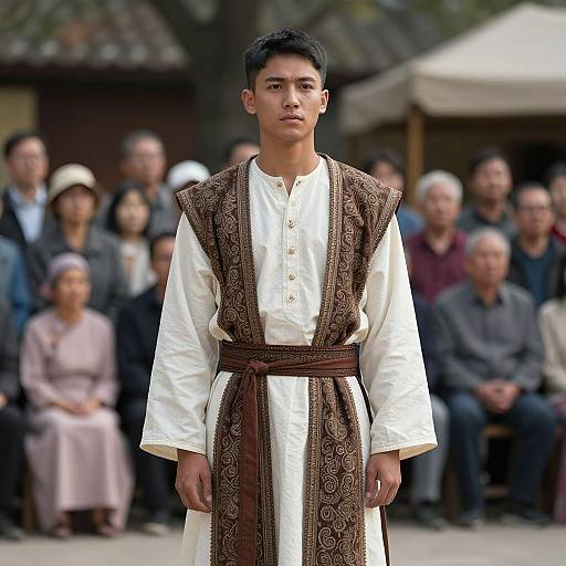 Photograph of a young Asian man with short black hair, wearing a white traditional long-sleeve shirt and brown patterned vest, standing in front