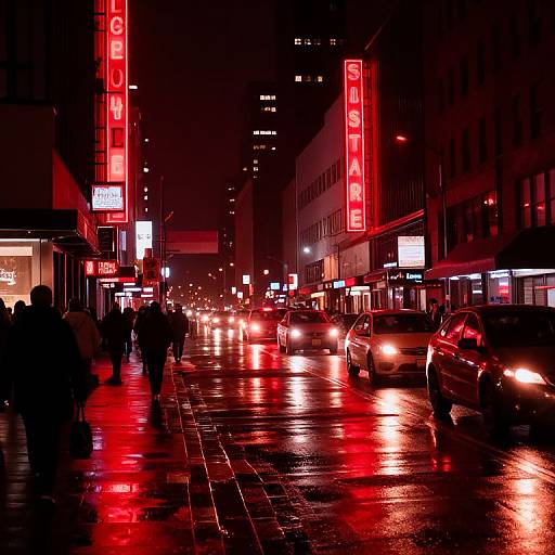 Nightscape photograph of a wet, busy city street with red neon signs, reflections on the pavement, and cars with headlights on.