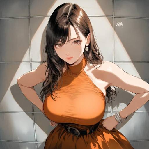 Elegant Girl in Orange Dress with Jewelry
