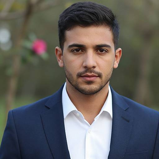 Photograph of a young man with medium skin tone, dark hair, trimmed beard, wearing a black suit and white shirt, standing outdoors with a blurred
