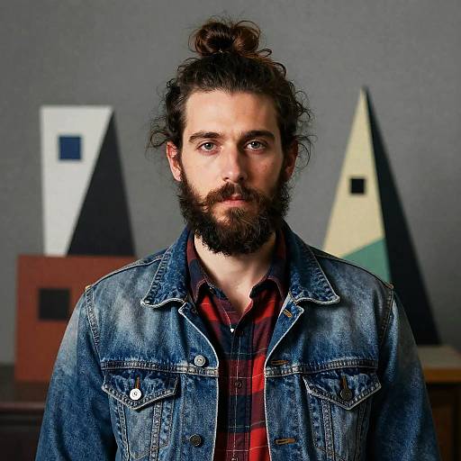 Photograph of a bearded man with a top knot, wearing a blue denim jacket over a red plaid shirt, standing against a geometric-patterned