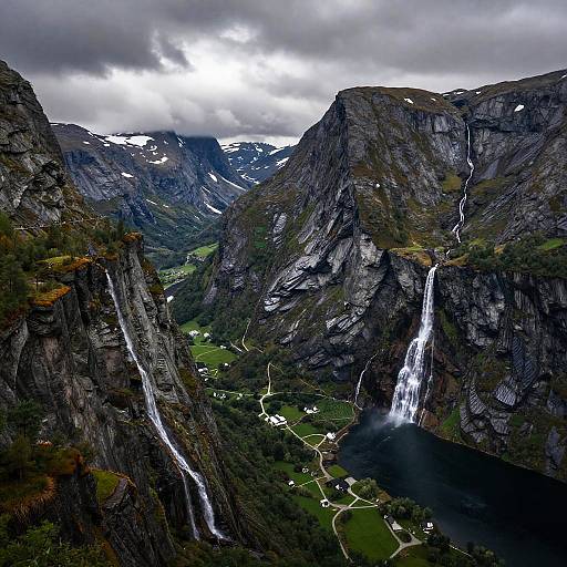 Norwegian Fjord with Waterfalls and Mountains