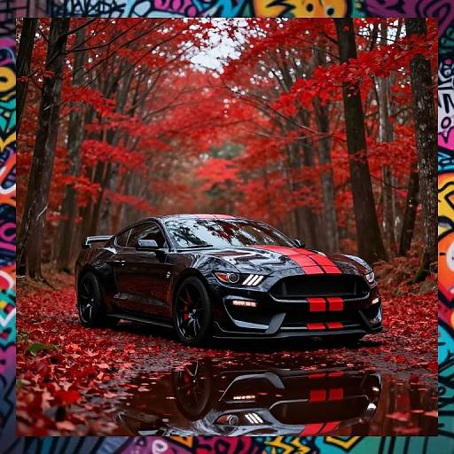 Photograph of a black sports car with red racing stripes, parked on a red-leafed forest path, surrounded by vibrant, colorful graffiti border.