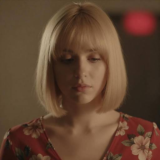 Pensive Blonde with Red Floral Top