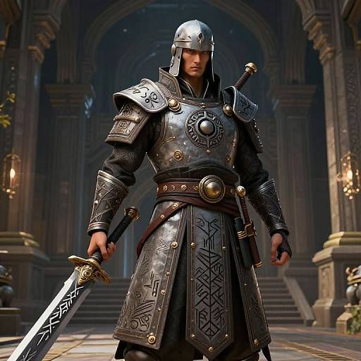 CGI image of a muscular, armored knight with a silver helmet, intricate armor, and a patterned sword, standing in a dimly lit,