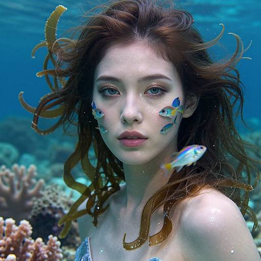 Underwater photograph of a fair-skinned woman with red hair, blue fish on her cheeks, and seaweed, surrounded by coral and fish.