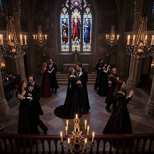 Photograph of a Gothic cathedral wedding, darkly lit with chandeliers, stained glass window, and guests in black formal attire dancing.