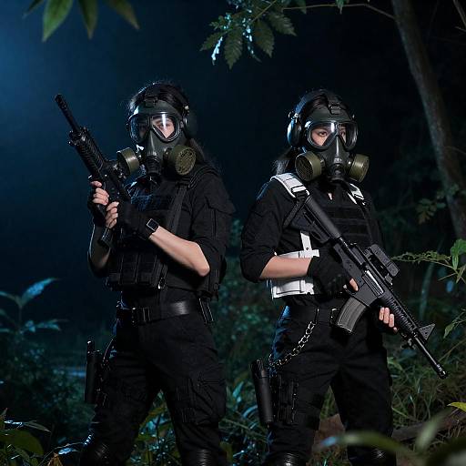 Women in Tactical Gear with Gas Masks in Forest