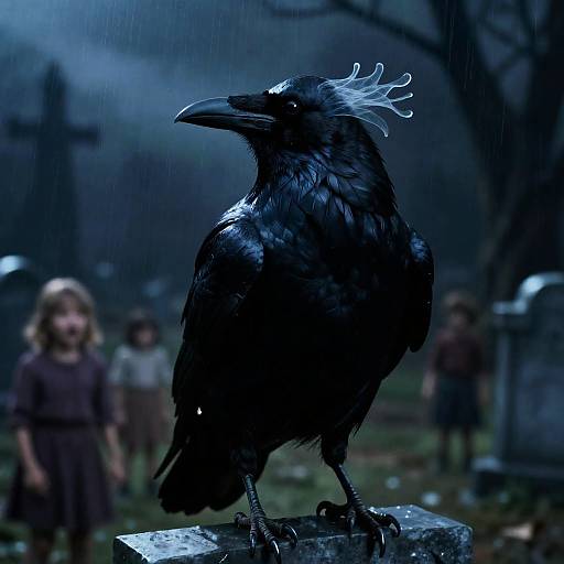 Spectral Raven in Haunted Graveyard Night