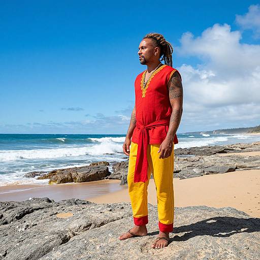 Photograph of a Black man with dreadlocks, wearing a red sleeveless top, yellow pants, and gold necklace, standing barefoot on rocky beach