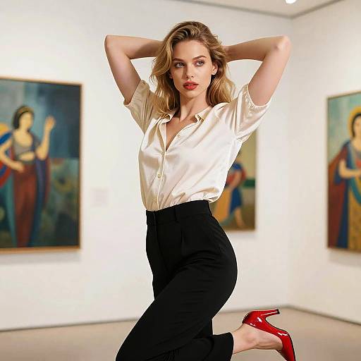 Photograph of a blonde woman with red lipstick, white blouse, black pants, and red heels, posing confidently in an art gallery with blurred paintings in
