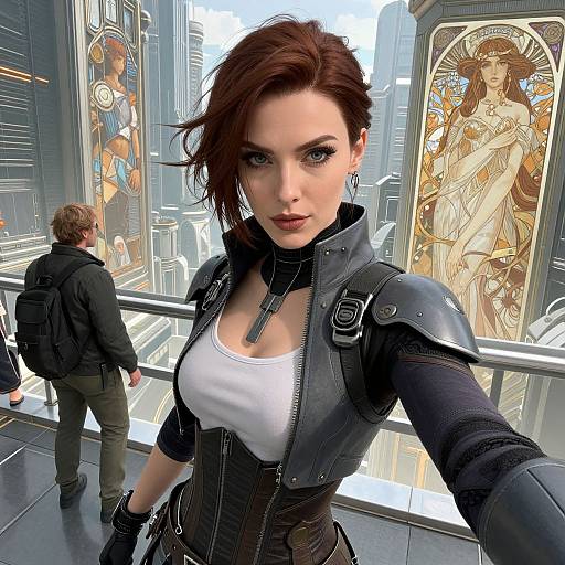 Digital art of a red-haired woman in a black leather jacket and white tank top, taking a selfie in a futuristic, art-deco cityscape with