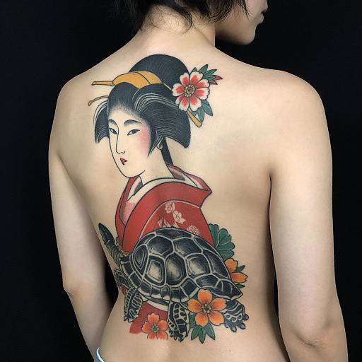 Tattooed Japanese woman with black hair, red kimono, turtle on back, and floral accents, viewed from behind against black background.
