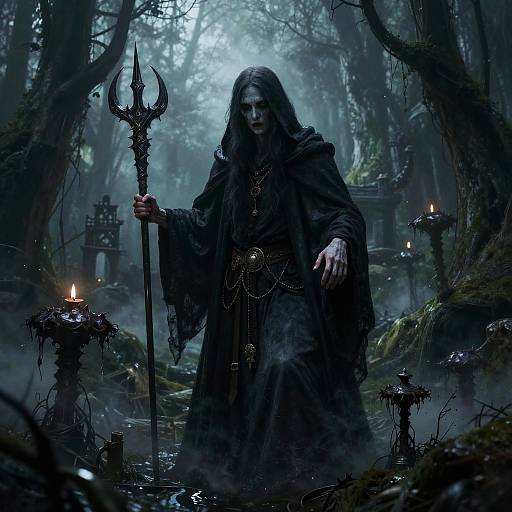Mysterious, dark-robed figure with long hair holds a trident, standing in a misty, candlelit forest; eerie, gothic fantasy