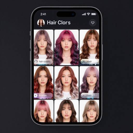Digital screenshot of a smartphone displaying nine virtual hair clones with different colors and styles in a grid layout.